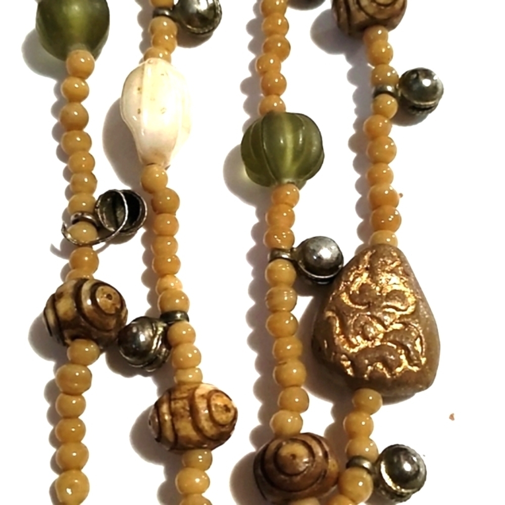 VINTAGE ETHNIC HAND CARVED STONES SEED BEADS WOODEN BEADS NO CLASP 48" NECKLACE - Picture 4 of 10
